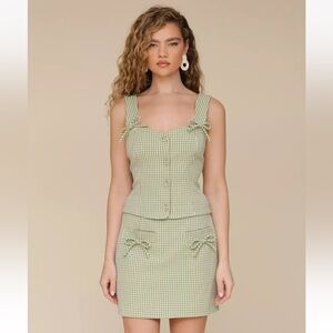 NEW! NWT 7 FOR ALL MANKIND Bow-Trim Ghingham Top & Skirt Set in Avocado Size 2